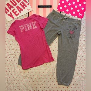 VS PINK VINTAGE Y2K SET OUTFIT SWEATPANTS & TEE SHIRT GRAY HEARTS DOG PUP RARE L